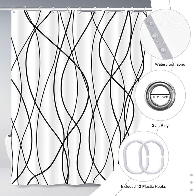 Striped Shower Curtain for Bathroom, White Black, 72" W x 72" L | with Hooks, Modern Hotel Style, Water Repellent, Washable, Weighted Hem