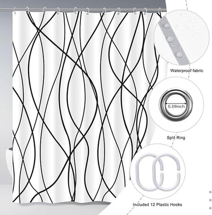 Striped Shower Curtain for Bathroom, White Black, 72" W x 72" L | with Hooks, Modern Hotel Style, Water Repellent, Washable, Weighted Hem