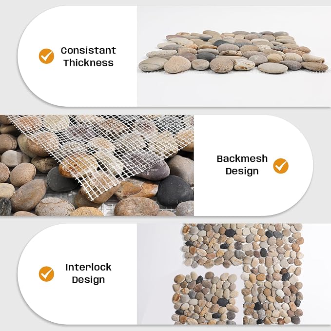 Pebble Tile for Shower Floor, Brown Stone Pebble Mosaic Tile Tumbled | Slip-resistant Pebble for Bathroom, Kitchen, Shower Floors, Walls & Outdoor Areas, Mesh-Backed Easy to Install, 5 SqFt