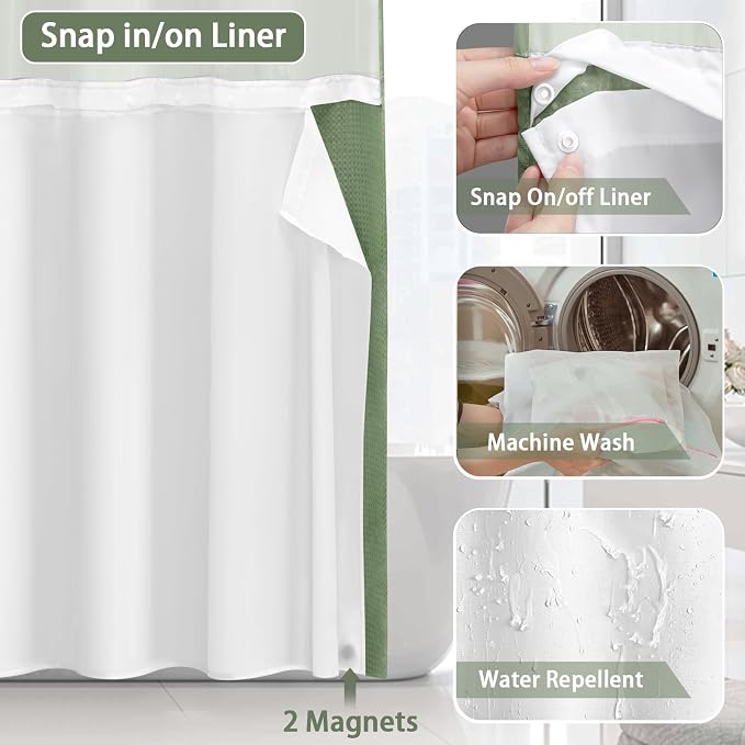 No Hook Shower Curtain with Liner Set Hotel Waffle Curtain Green 72W X 75L | Washable Snap in Fabric Liner, Mesh Top Window, Waffle Hotel Style Shower Curtain Set