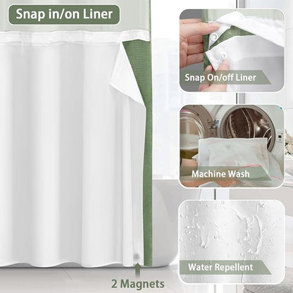 No Hook Shower Curtain with Liner Set Hotel Waffle Curtain Green 72W X 75L | Washable Snap in Fabric Liner, Mesh Top Window, Waffle Hotel Style Shower Curtain Set