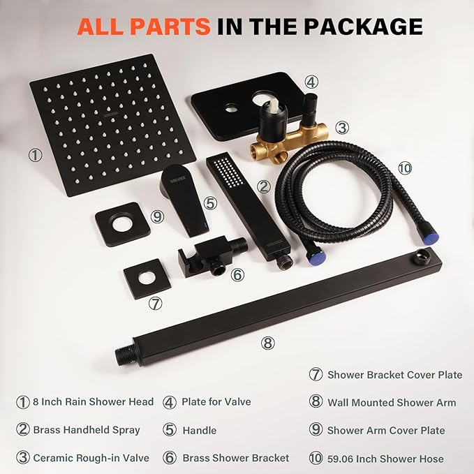 SOLVEX 8 Inch Shower Faucet Set，Shower System Black Stainless Steel Wall Mount Faucet Set with Square High Pressure Showerhead and Handheld Sprayer SP-90110-N