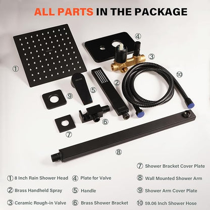 SOLVEX 8 Inch Shower Faucet Set，Shower System Black Stainless Steel Wall Mount Faucet Set with Square High Pressure Showerhead and Handheld Sprayer SP-90110-N