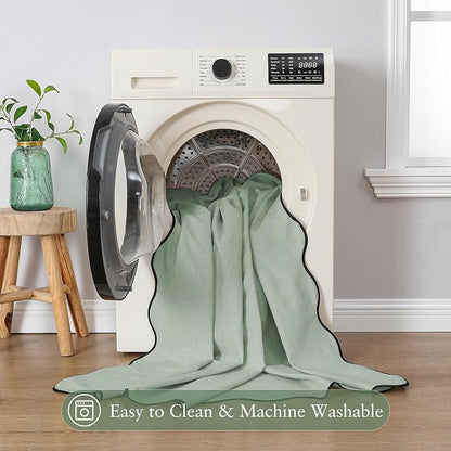 Linen Scallop Shower Curtain with 12 Hooks, Waterproof, 72x72, Sage Green | Waterproof Heavy Duty Thick Fabric with Black Border, Neutral Boho Farmhouse Bathtub Shower Curtain