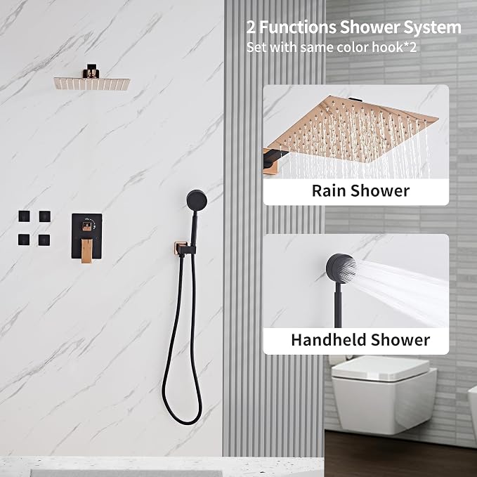 Black Gold Rainfall Shower Head, Wall Mounted 8 Inch Shower Heads with Handheld Spray Combo, Luxury Bathroom Square Rain Shower System, Solid Brass Pressure Balancd Shower Faucet Valve