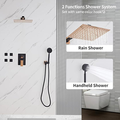 Black Gold Rainfall Shower Head, Wall Mounted 8 Inch Shower Heads with Handheld Spray Combo, Luxury Bathroom Square Rain Shower System, Solid Brass Pressure Balancd Shower Faucet Valve