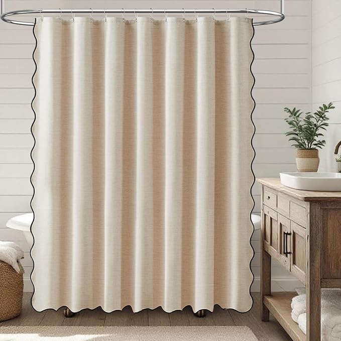BTTN 84x72 Boho Scalloped Linen Textured Cloth Shower Curtain, Beige/Cream | Wide Size, 230GSM Waterproof Polyester, Heavy Duty Fabric, 14 Plastic Hooks, Elegant Modern Farmhouse Style, Machine Washable