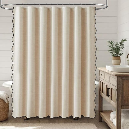 BTTN 84x72 Boho Scalloped Linen Textured Cloth Shower Curtain, Beige/Cream | Wide Size, 230GSM Waterproof Polyester, Heavy Duty Fabric, 14 Plastic Hooks, Elegant Modern Farmhouse Style, Machine Washable