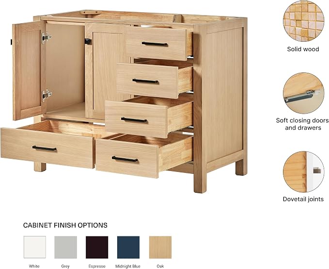 ARIEL Cambridge 42-inch Bathroom Vanity Base Cabinet,Solid Wood, 2 Soft Closing Doors, 5 Dovetail Drawers, White Oak