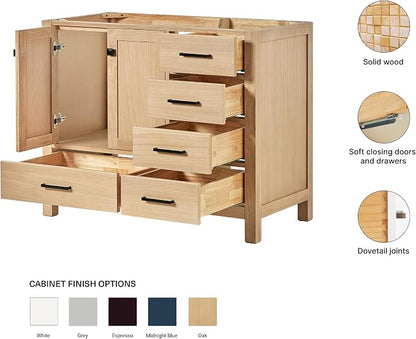 ARIEL Cambridge 42-inch Bathroom Vanity Base Cabinet,Solid Wood, 2 Soft Closing Doors, 5 Dovetail Drawers, White Oak