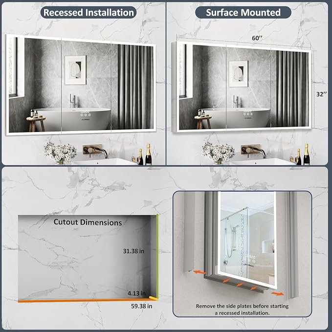 ACEMIRO 60"×32" Lighted Bathroom Medicine Cabinet with Mirror, Recessed Medicine Cabinet Mirror with Lights, Three Door LED Bathroom Mirror with Outlet & Clock, Dimming, Defogger, Memory Function