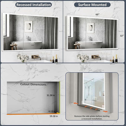ACEMIRO 60"×32" Lighted Bathroom Medicine Cabinet with Mirror, Recessed Medicine Cabinet Mirror with Lights, Three Door LED Bathroom Mirror with Outlet & Clock, Dimming, Defogger, Memory Function