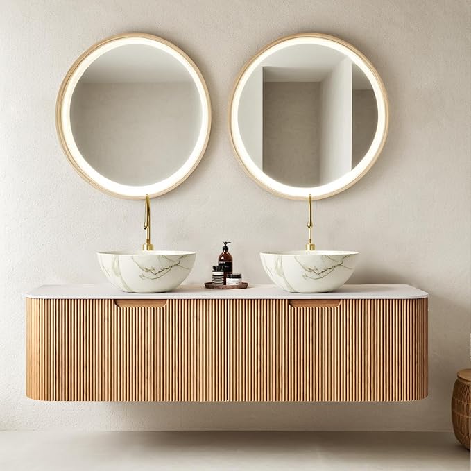 60" Floating Bathroom Vanity with Double Sink, Bathroom Vanities with Vessel Bowl Shape Marble Basin and Countertop, 2 Large Soft-Closing Storage Drawers, Pre-Assembled Cabinet, Nature Wood