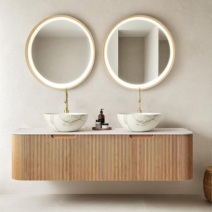 60" Floating Bathroom Vanity with Double Sink, Bathroom Vanities with Vessel Bowl Shape Marble Basin and Countertop, 2 Large Soft-Closing Storage Drawers, Pre-Assembled Cabinet, Nature Wood