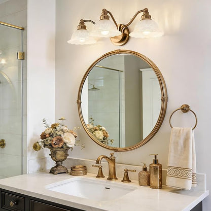 Redluck Vintage Bathroom Vanity Light Fixture, 3-Light Bathroom Lighting Fixtures Over Mirror, Antique Brass Finish with Milk Glass Crystal Glass Shade, Wall Sconces Lighting for Bedroom, Living Room