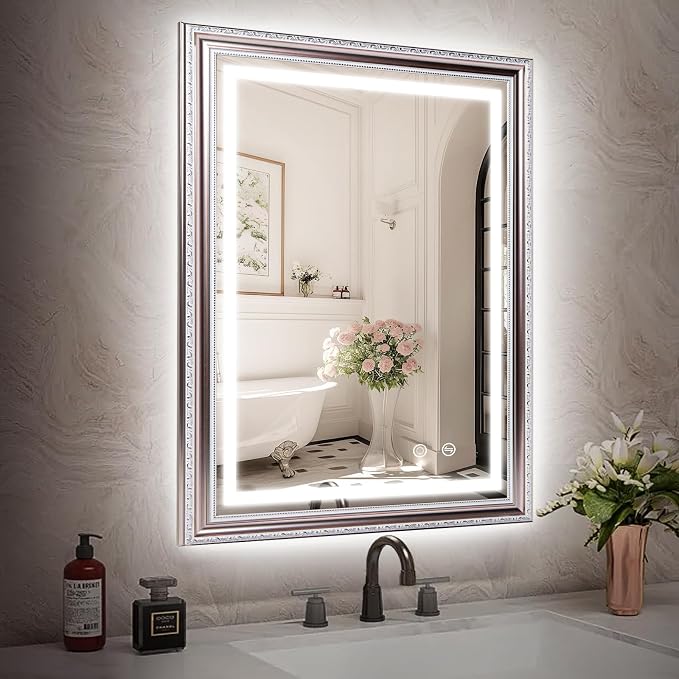 ROLOVE 23x35 Inch Bathroom Mirror with Lights, Brushed Rose Gold Frame, Anti-Fog LED Vanity Mirror for Wall, Plug-in/Hardwired, Dimmable, Tempered Glass,Wall Mirrors Decorative (Champagne Pink Hue)
