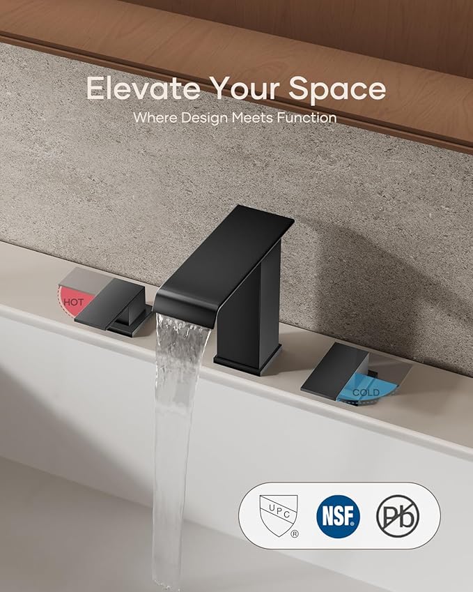 Matte Black Waterfall Bathroom Faucet 3 Hole, 8 Inch Widespread Modern 3 Piece Bathroom Sink Faucet, Touch On Lavatory Faucet for Vanity RV Restroom, Straight Spout