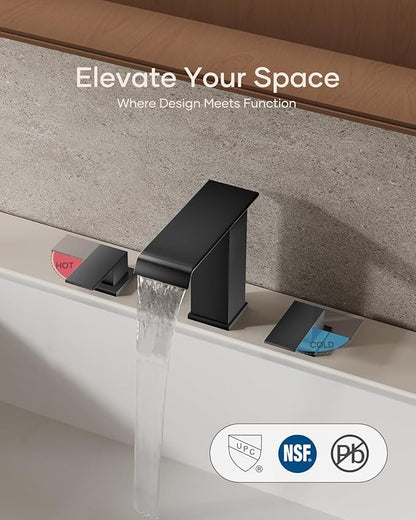 Matte Black Waterfall Bathroom Faucet 3 Hole, 8 Inch Widespread Modern 3 Piece Bathroom Sink Faucet, Touch On Lavatory Faucet for Vanity RV Restroom, Straight Spout