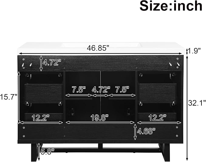 47.2" Bathroom Vanity with 6 Drawers & Resin Sink, Black | 47.2" bathroom vanity with 6 drawers, soft-close doors, SMC resin sink, adjustable shelf and modern design