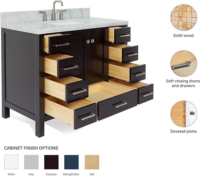 ARIEL Cambridge 42-inch Bathroom Vanity with Sink,Solid Wood, 1.5-inch Italian Carrara Marble Countertop, Single Rectangular Porcelain Sink, 2 Soft Closing Doors, 9 Dovetail Drawers, Espresso
