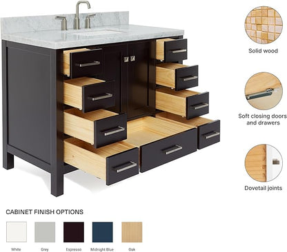 ARIEL Cambridge 42-inch Bathroom Vanity with Sink,Solid Wood, 1.5-inch Italian Carrara Marble Countertop, Single Rectangular Porcelain Sink, 2 Soft Closing Doors, 9 Dovetail Drawers, Espresso