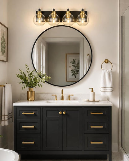 4-Light Black and Gold Bathroom Vanity Light, Clear Glass Globes | 26" modern bathroom light fixtures over mirror, E26 base, bulbs not included, VL195-KG-4