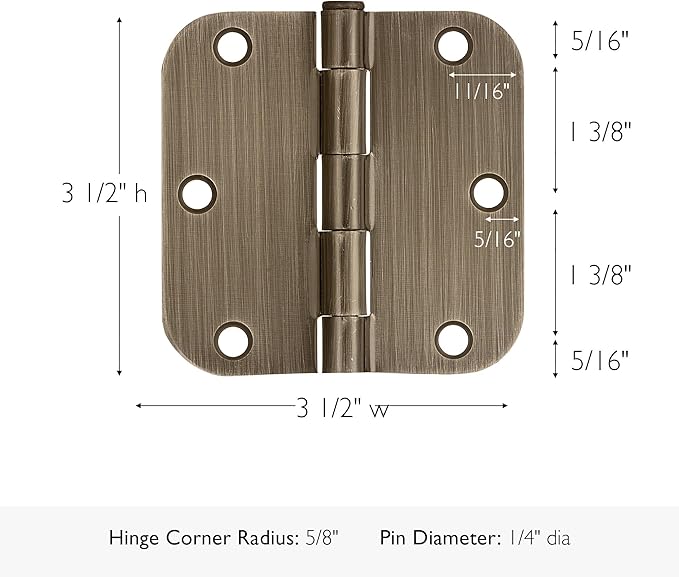 Design House Door Hinge, 3.5 in x 3.5 in, 5/8 in Radius, Interior, Rounded Steel, Removable Pin, Pre-Lubricated, Easy to Install, Antique Brass Finish, 9 Pack, 189811