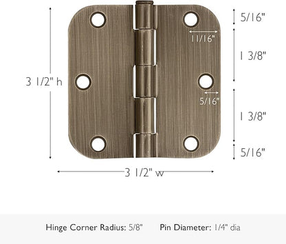 Design House Door Hinge, 3.5 in x 3.5 in, 5/8 in Radius, Interior, Rounded Steel, Removable Pin, Pre-Lubricated, Easy to Install, Antique Brass Finish, 9 Pack, 189811