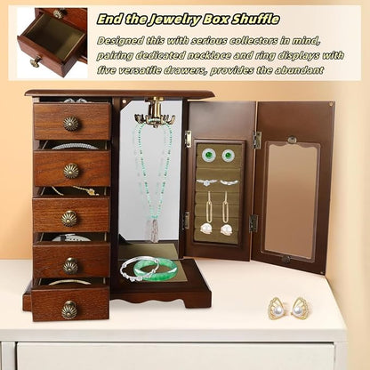 Vintage Wood Jewelry Box with 5 Drawers, Desktop Jewelry Organizer with Glass Door & Mirror, Necklace Ring Storage Display Case Built-in Necklace Carousel, Brown (Dark Brown, 5 Drawers)