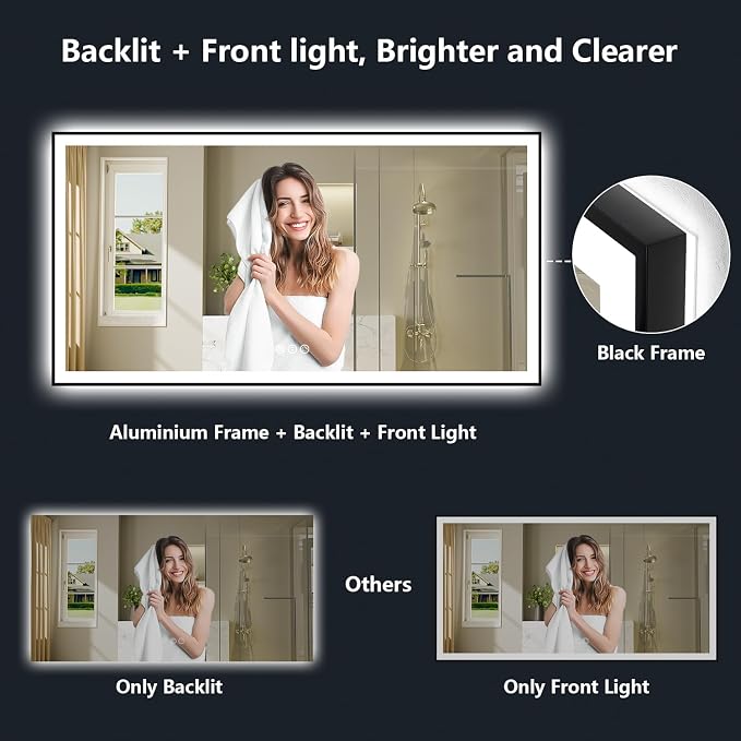 96x36 LED Bathroom Mirror with Lights, Black Framed Lighted Mirror | Backlit and Front Light, Anti-Fog, 3 Color Dimmable, Memory, Tempered Glass, IP54 Waterproof, UL Listed