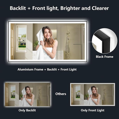 96x36 LED Bathroom Mirror with Lights, Black Framed Lighted Mirror | Backlit and Front Light, Anti-Fog, 3 Color Dimmable, Memory, Tempered Glass, IP54 Waterproof, UL Listed