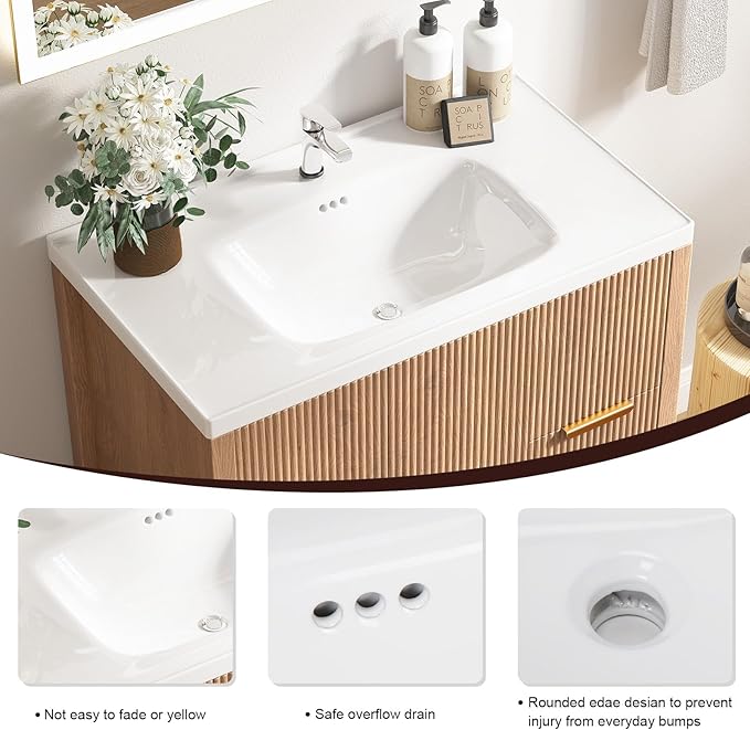 32" Bathroom Vanity with Sink, Free Standing Single Vanity Set with 2 Drawers & 2 Doors, Solid Wood Storage Cabinet with Ceramic Basin for Bathroom, Nature Oak