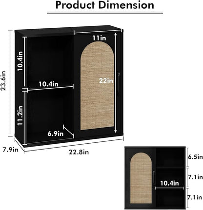 RUSTOWN Boho Rattan Bathroom Wall Cabinet with Sliding Door, Black | Farmhouse Bathroom Cabinet, Adjustable Shelves, Over The Toilet Storage Cabinet, 3-Tier Wall Mounted Cabinets