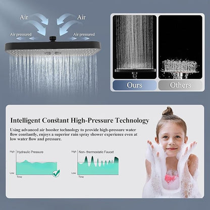 14 Inch Large Shower Head with Handheld Spray Combo and Extention Arm, Rain Rainfall Waterfall High Pressure Shower Heads, Modern Showerhead with 3-Way Diverter - Height/Angle Adjustable(Matte Black)