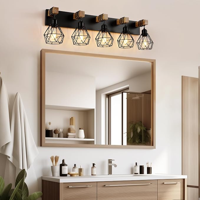 Farmhouse Vanity Light for Bathroom, 5-Light Wood Bathroom Vanity Light Fixtures Over Mirror, Rustic Sconces Wall Lighting with Metal Lampshade for Living Room, Bedroom, Hallway