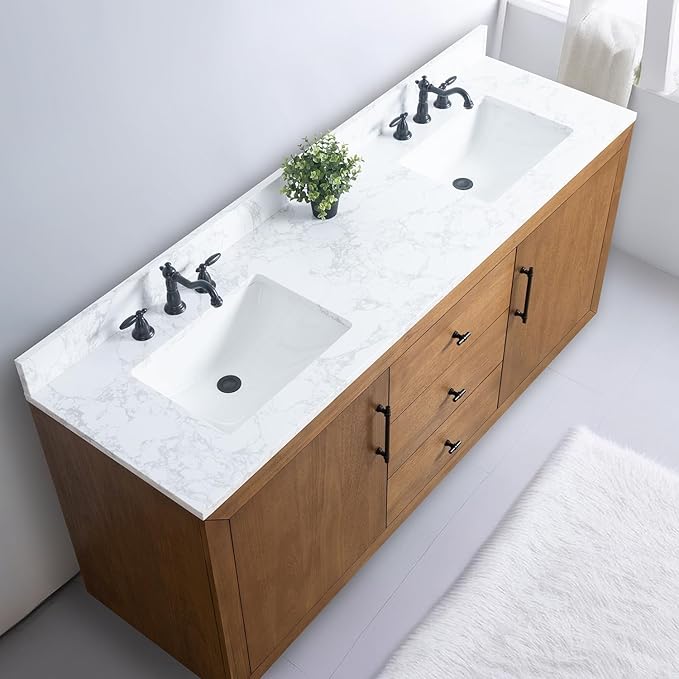 Vanity Art 72 inch Double Sink Bathroom Vanity, Solid Poplar Wood, Vanity Cabinet with Doors and Shelf, Modern Wood Bathroom Vanity with White Marble Top 3 Functioning Drawers, VA70-72-DT-E