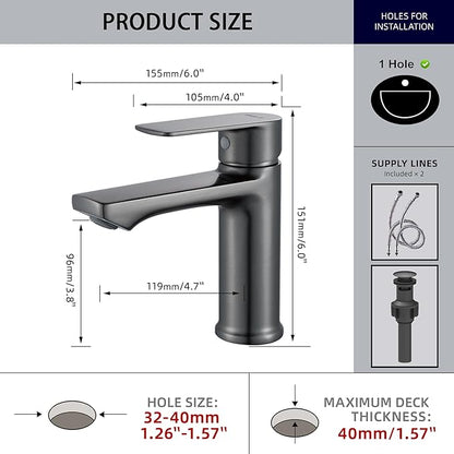 BELZ Brushed Grey Bathroom Faucet, Modern Single Handle One Hole Bath Vanity Sink Faucet for 1 Hole