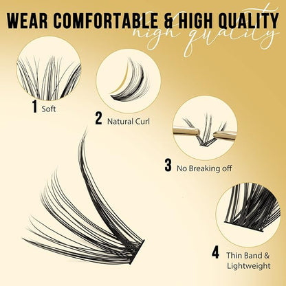 QUEWEL Lash Clusters 320Pcs 40D D Curl Lash Cluster Eyelash Extensions | Cluster Lashes Mix12-18mm Individual Eyelashes Clusters Wispy Lash Clusters Thin Band Soft to Use at Home(40D D Mix12-18)