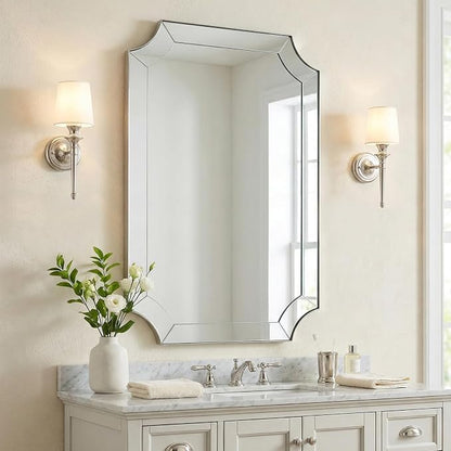Brushed Nickel Mirror, 24x40 Inch Scalloped Bathroom Mirror, Modern Rectangle Mirror with Unique Notched Design, Ideal for Home Decor, Rust-Proof Stainless Steel 1" Frame