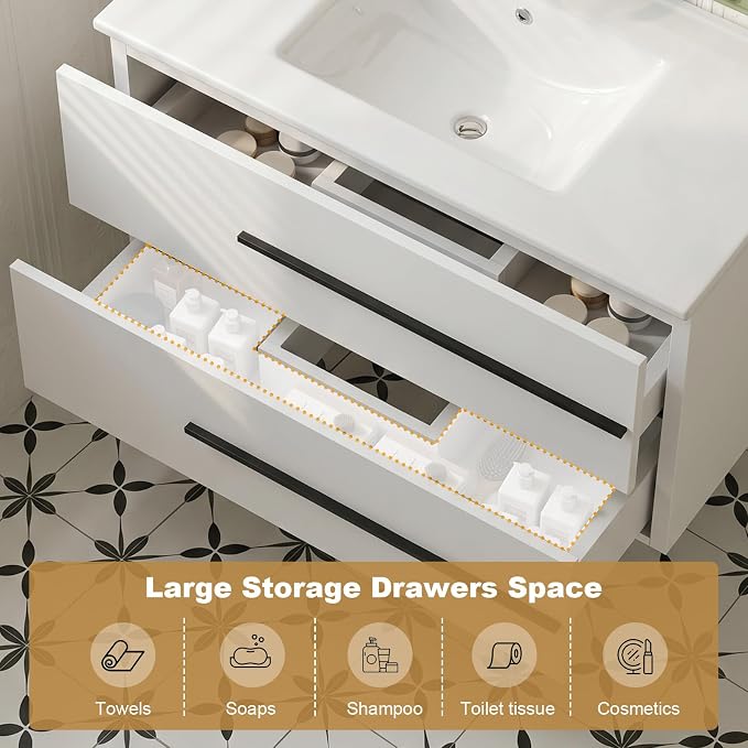 84 Inch Floating Double Sink Bathroom Vanity, Modern Bathroom Vanity with Double Sink, Wall Mounted Bathroom Vanity Cabinet with Large Storage Drawers,Open Storage Shelf, White