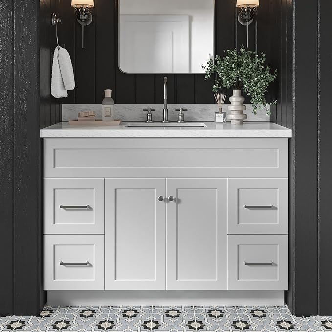 Bradford 48-Inch Bathroom Vanity with Sink — Grey Single Sink Bathroom Vanity, 1.5" Edge Italian Carrara Marble Top, Solid Wood, 2 Soft-Close Doors, 4 Full Extension Dovetail Drawers
