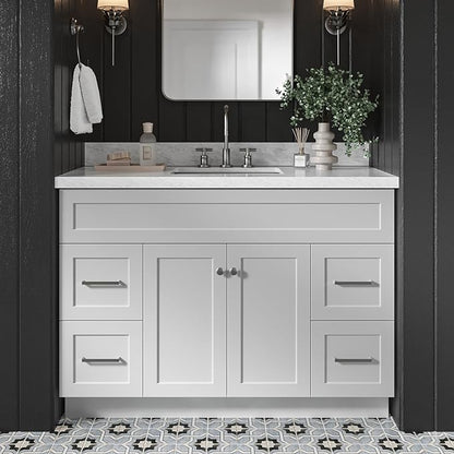 Bradford 48-Inch Bathroom Vanity with Sink — Grey Single Sink Bathroom Vanity, 1.5" Edge Italian Carrara Marble Top, Solid Wood, 2 Soft-Close Doors, 4 Full Extension Dovetail Drawers