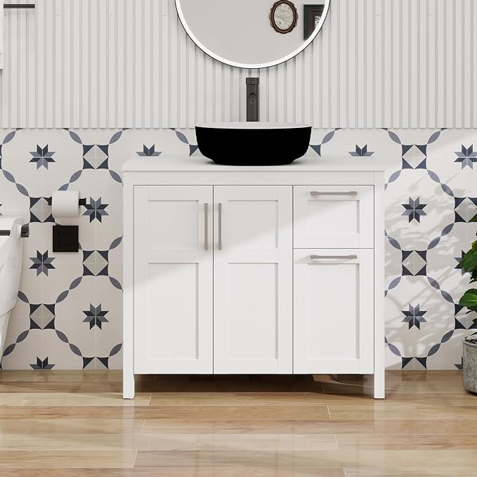 YOURLITE 36" White Bathroom Vanity, 36" White Bathroom Vanity Sink Combo with Black White Ceramic Basin Faucet & Pop Up Drain Set