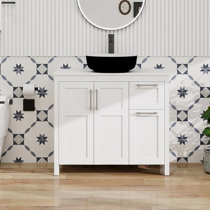 YOURLITE 36" White Bathroom Vanity, 36" White Bathroom Vanity Sink Combo with Black White Ceramic Basin Faucet & Pop Up Drain Set