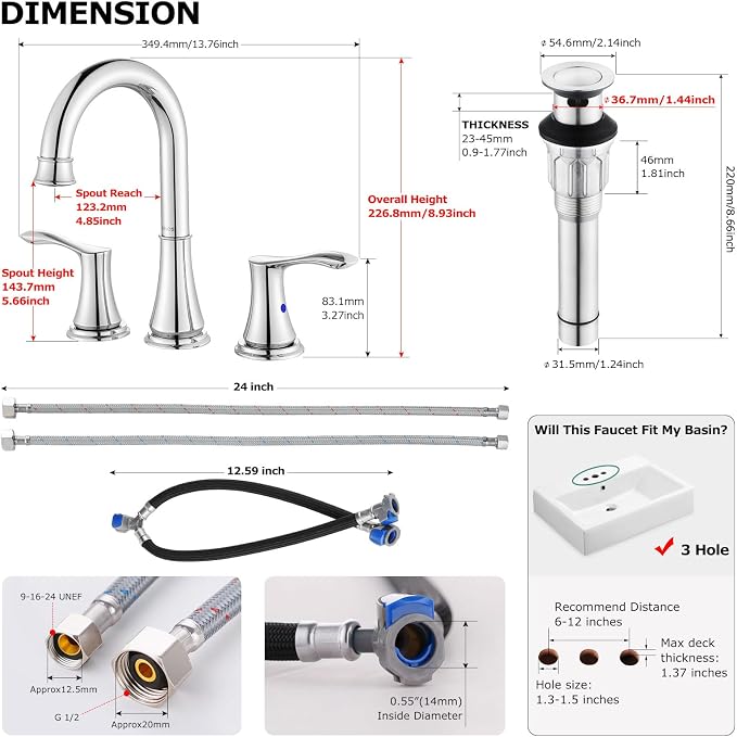 Chrome Widespread Bathroom Sink Faucet 8 Inch for Vanity | with All Metal Pop Up Drain, High Arc 2 Handle Lead-Free Deck Mount Bathroom Faucet for 3 Hole Lavatory Utility Sink
