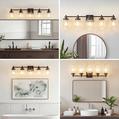 5 Light Bathroom Vanity Light Fixtures Farmhouse Oil Rubbed Bronze | ETL Certificate, Easy to Install,Wall Mount Up or Down,Hammered Glass Lampshade,E26 Socket,Hardwired,120V