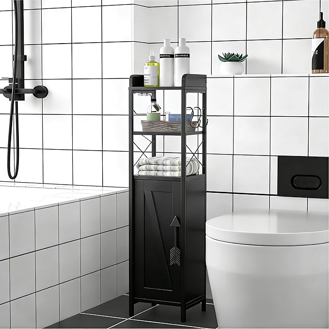 VECELO Small Bathroom Cabinet,Slim Toilet Paper Holder with Door&Metal Scroll, Upgraded Narrow Storage Organizer for Restroom Bathroom Tiny Space,Fenced Top Waterproof Coating,Black
