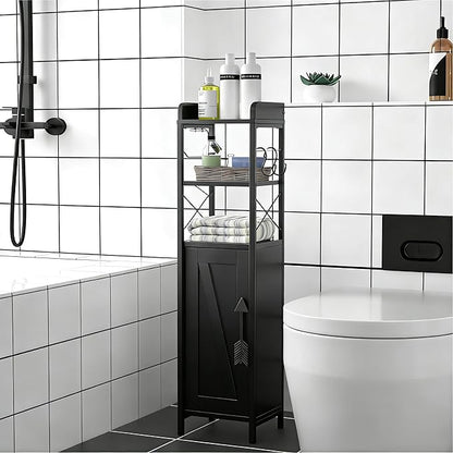 VECELO Small Bathroom Cabinet,Slim Toilet Paper Holder with Door&Metal Scroll, Upgraded Narrow Storage Organizer for Restroom Bathroom Tiny Space,Fenced Top Waterproof Coating,Black