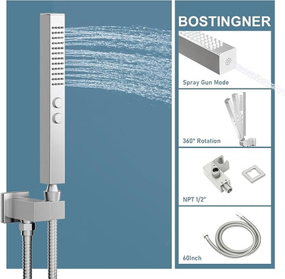 Shower Faucets Sets Shower System with Body Jets, Bostingner 10" Rain Shower Head with 2 In 1 Handheld Spray and 4 Jets, Wall Mounted All Metal 3 Way Shower Set with Valve and Trim Kit,Brushed Nickel