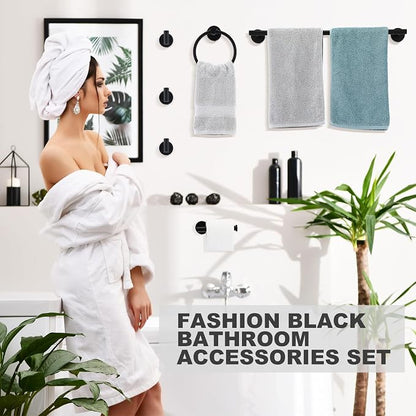 Gisafai 15 Pcs Matte Black Bathroom Accessories Hardware Set Black Towel Racks for Bathroom Sus304 Stainless Steel 23.6 Inch Towel Bar Ring Toilet Paper Holder Robe Hooks for Wall Mounted